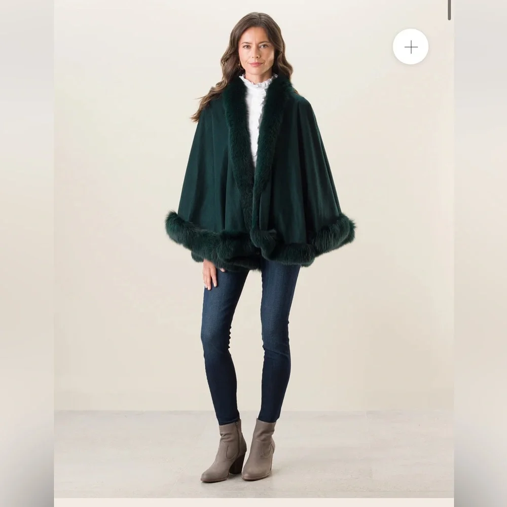 Sofia Cashmere Cervinia Fox Fur Trimmed Burgundy Garnet Red Cape - Petite Length - Picture 12 of 13